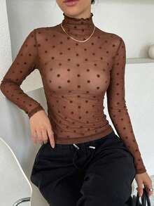 DAZY 女款立領波點修身透視休閒上衣 - 咖啡棕 - 查看 2
