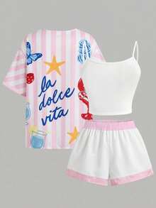 Travachic KIDS Tween Girl Cute Versatile Vacation Striped Shirt Elastic Waist Shorts 3-Piece Set - Pink - View 2
