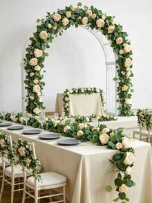 Cirelle 1 buah Karangan Bunga Buatan dengan Mawar Champagne, Karangan Bunga Daun Eucalyptus Tiruan untuk Hiasan Meja, Dekorasi Lengkungan Pernikahan, Hiasan Tengah Meja Resepsi, Latar Belakang Pesta - MultiWarna - View 4