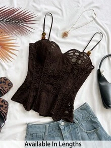 SHEIN Tall CURVE Plus Size Women's Elegant Sexy Boho Brown Summer Vacation Club Date Night Sleeveless Top Bohemian Tropical Textured Beading Resort - Brown - View 1