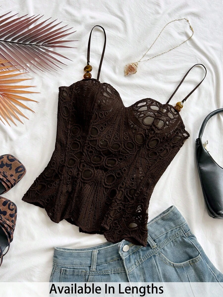 SHEIN Tall CURVE Plus Size Women's Elegant Sexy Boho Brown Summer Vacation Club Date Night Sleeveless Top Bohemian Tropical Textured Beading Resort - Brown - View 1
