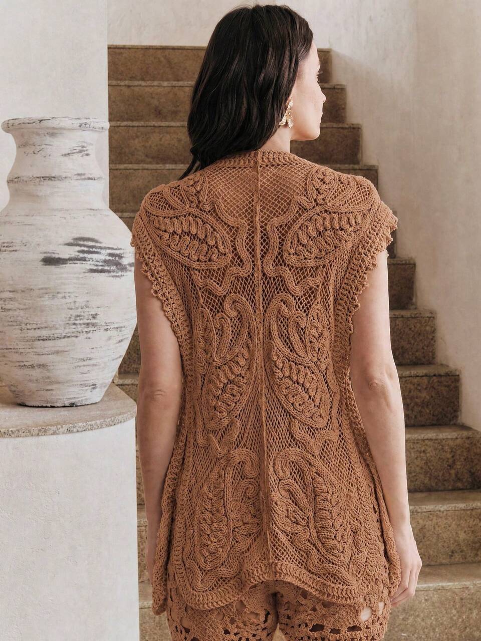 Women's Summer Elegant Beach Vacation Hollow Crochet Heavy Pearl Decor V-Neck Apricot Knit Cover Up Layering Top Cover-Up, Women's Holiday Beach Cover-Up Outfit. Suitable For Vacation And Dating