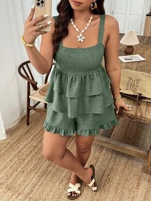 Weeklong Bộ 2 món áo hai dây và quần cho nữ size lớn, phong cách thường ngày mùa xuân/hè, gấu bèo nhún, phù hợp đi du lịch và mặc hàng ngày - xanh quân đội - Xem 3