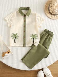SHEIN 2pcs/Set Setelan Anak Laki-Laki Musim Panas Kemeja Lengan Pendek & Celana Panjang Hijau, Pakaian Liburan, Setelan Musim Panas, Setelan Anak Laki-Laki, Setelan Liburan, Setelan Hijau - MultiWarna - View 4