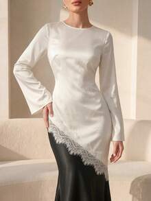Graceveil Elegant Lace Patchwork Asymmetric Long Sleeve Top, Apricot, Suitable For Women, Spring/Summer Clothing - Apricot - View 6
