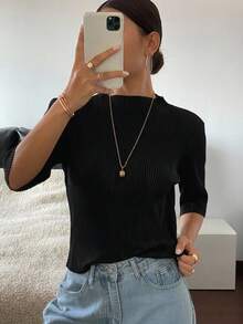DAZY Solid Ribbed Knit Tee - Black - View 8