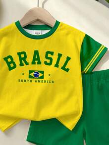 [2pcs]Young Girls, American Vintage / Sporty Casual / Street Cool / Energetic Style Yellow & Green Colorblock Brazil Theme Raglan Short Sleeve Top + Solid Green Shorts Set, Lightweight Fabric, Suitable For Daily Outings, School Wear, Casual Travel In Spring, Summer, And Autumn. - Multicolor - View 4