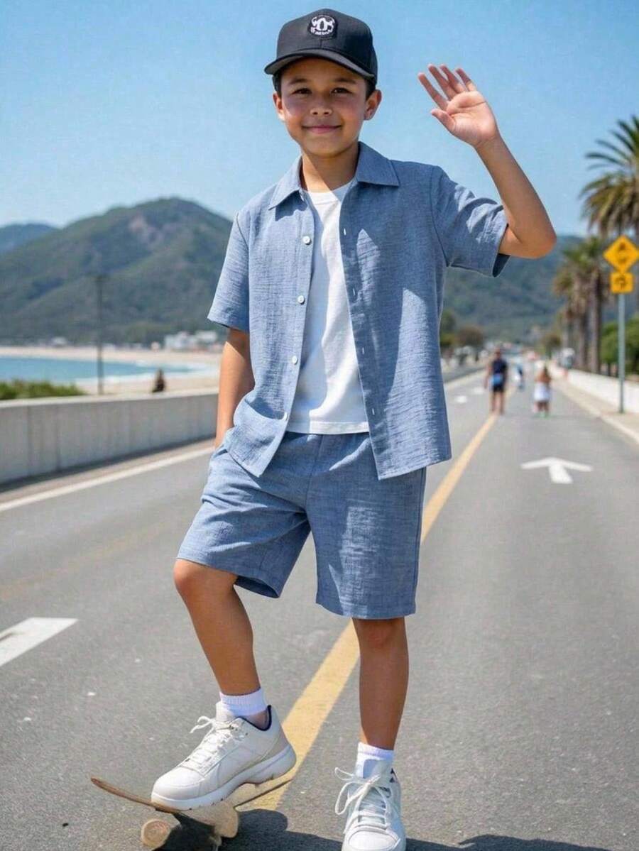 SHEIN 青少年男孩純色單排扣短袖襯衫與短褲休閒日常2件套 - 藍色 - 查看 1