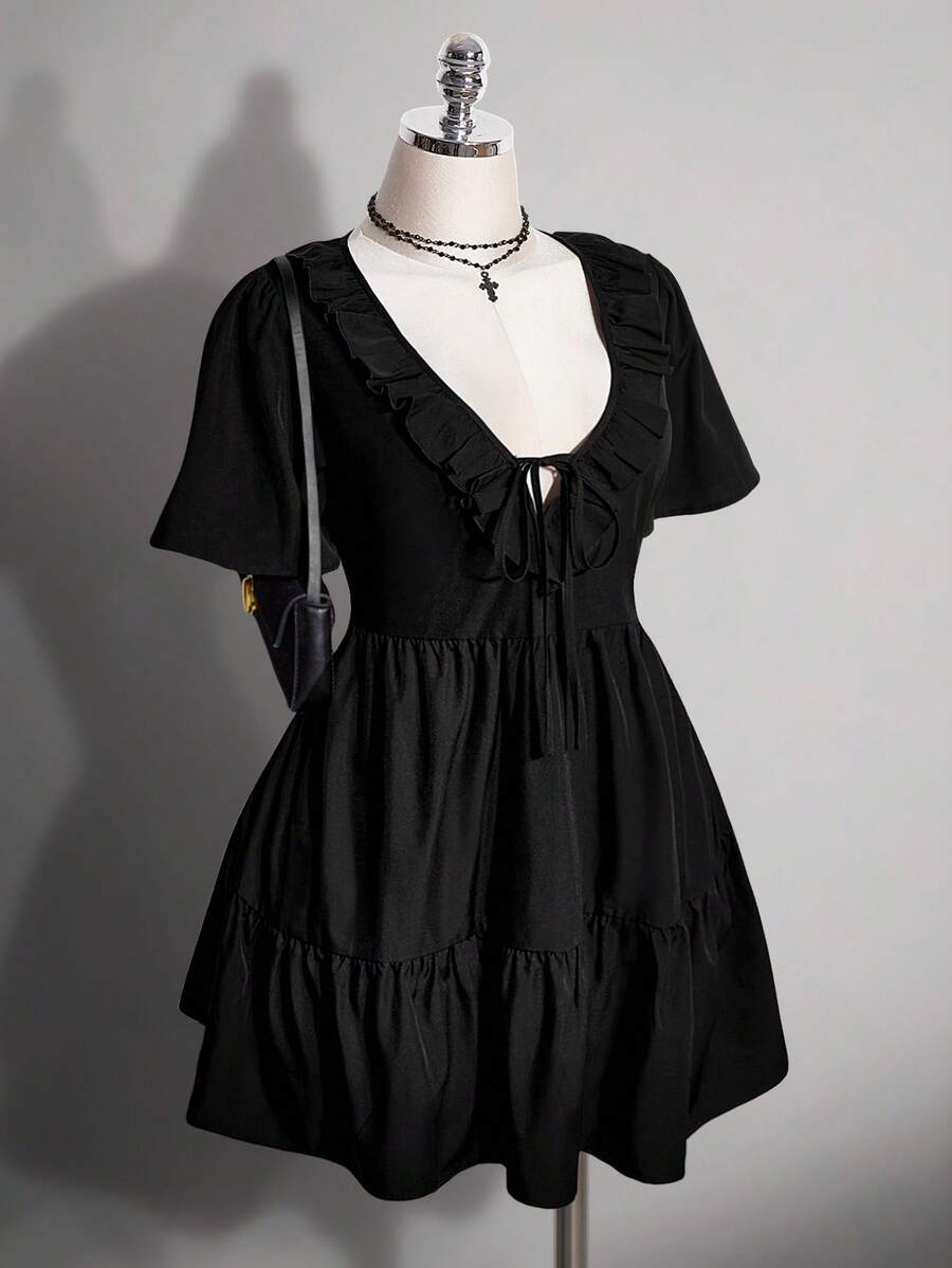 SHEIN ICON Plus Size Retro Sexy Millennial Style Y2K Simple Casual Elegant Commuter Fashionable And Unique Ruffled V-Neck Black Dress - Black - View 1