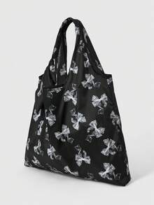 ROMWE Kawaii Fashion All-Over Bow Pattern Storage Bag, Large Capacity Portable Foldable Shopping Tote Bag With Coin Purse - Black and White - View 6