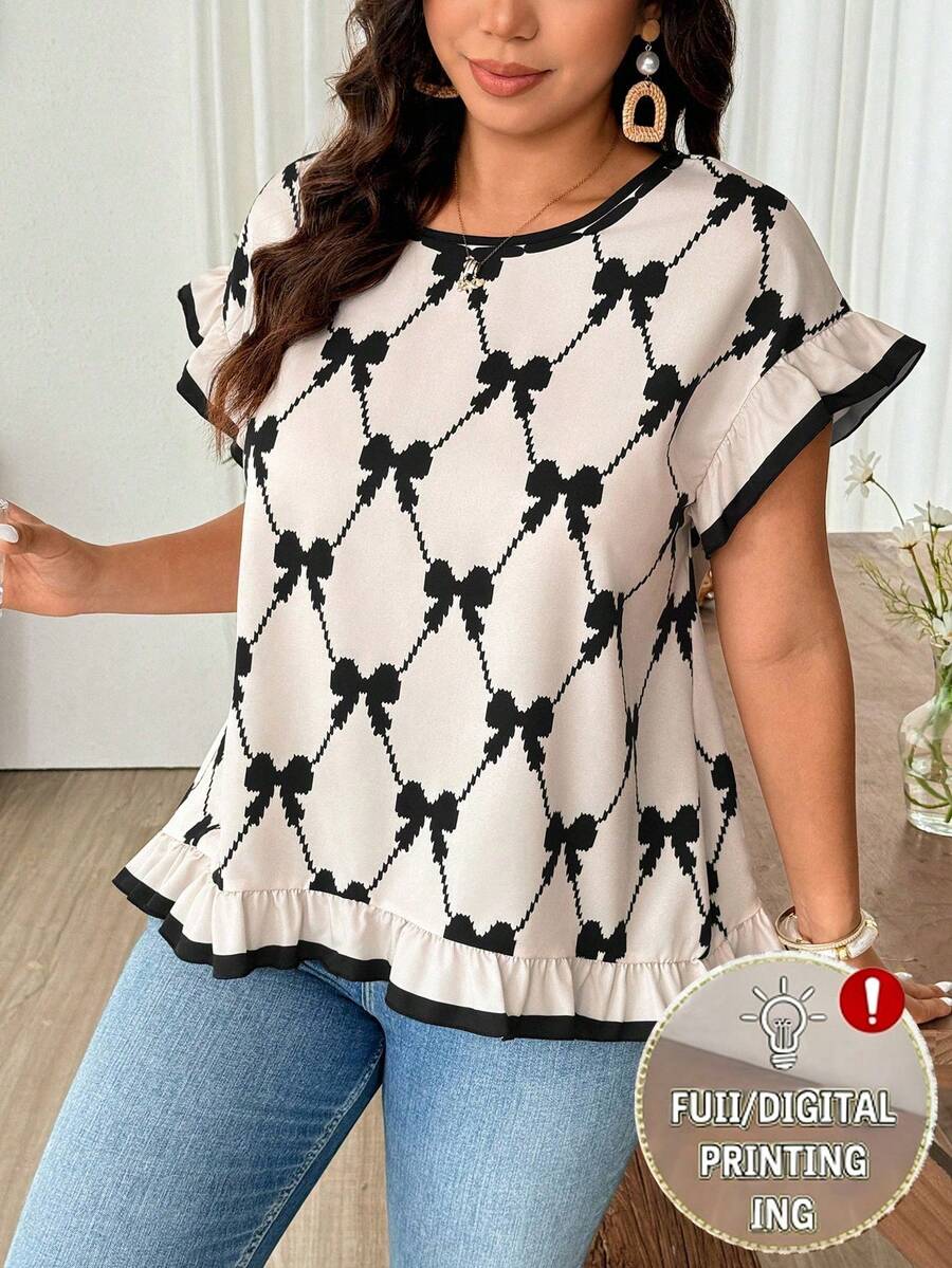 Weeklong Plus Size Women's Round Neck Short Sleeve Bow Print Elegant Blouse - Black and White - View 1