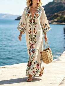 Ceyna Plus Size Deep V-Neck Symmetrical Placement Print Long Loose Dropped Shoulder Dress - Apricot - View 5