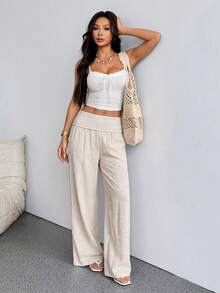 SHEIN PETITE Women Casual Solid Low Wasit Wide Leg Pants Vacation White Autumn,Petite Women Vacation Vacation Beach Vacation Vacation - Apricot - View 6