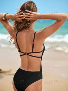 Swim Chiccia Summer Beach Solid Backless One Piece Swimsuit - Black - View 2