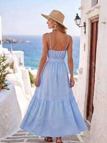 SHEIN Holidaya Damen Lässig Urlaubsstil bedrucktes gestreiftes Spaghettiträger Maxikleid - Blau - Übersicht 2