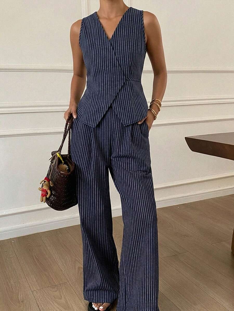 DAZY Women's Summer Striped Spaghetti Strap Top And Long Pants Casual Two Pieces Set - Navy Blue - View 1