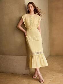 MOTF PREMIUM VESTIDO ELEGANTE Y MODERNO CON APLICACIONES DE ENCAJE Y ABERTURA - Butter Yellow - Ver 6