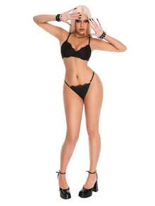 AltBold Women's Spliced Lace Lingerie Set (2pcs, Underwire, Thong) - Black - View 5