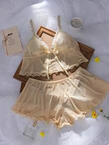 PetitDoll 2件組女款內衣套裝，花卉水溶性刺繡與透視網紗設計 - 黃色 - 查看 6