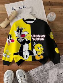 LOONEY TUNES X SHEIN 青少年女孩拼色可愛卡通圖案圓領保暖衛衣，秋季青少年女孩卡通印花上衣，卡通衛衣 - 白色 - 查看 7