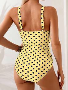 Swim Basics 女款度假波點印花交叉設計連身泳衣 - 鵝黃色 - 查看 2