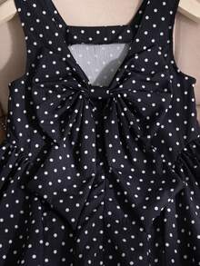 SHEIN Elladie kids 1件少女夏季新款露肩無袖背心上衣 波點印花 後背小V領設計 隱形拉鍊 3D可拆式大蝴蝶結 大下擺 側面抓皺 簡約百搭沙灘度假洋裝 - 黑色 - 查看 7