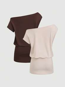 Sweetra Women's Solid Color Asymmetric Neck Casual Basic Fitted Short Dress Brunch Daytime Holiday Pink Chocolate Brown Summer - Multicolor - View 2