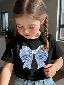 Elladie kids 女童簡約藍白花卉蝴蝶結珍珠圖案印花基本款黑色短版T恤，舒適夏季休閒日常穿搭 - 黑色 - 查看 3