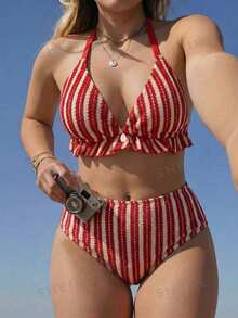 Swim Vcay Atasan Bikini Segitiga Minimalis Ukuran Plus untuk Liburan - Red and White - View 4