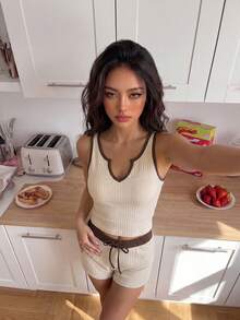ZzzCrew 女款對比滾邊極簡休閒無袖短褲睡衣套裝 - 杏色 - 查看 5