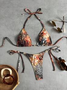 Swim Vcay 女士两件套热带性感可爱碎花吊带三角比基尼上衣和侧系带比基尼泳裤套装，热销沙滩度假休闲优雅情人节派对比基尼 - 彩色 - 查看 2