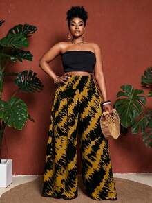 Maweii Pantalones de talla grande con cintura alta, cintura plisada y estampado de bloques de color - Amarillo - Ver 2
