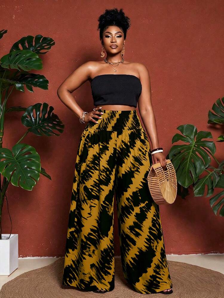 Maweii Plus Size High Waist Pleated Waist Color Block Pattern Print Pants Fall - Yellow - View 2