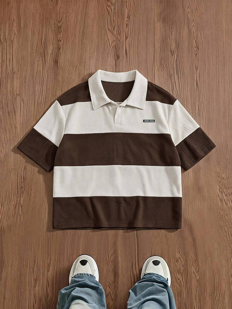 ESTAVOR Men's Summer Color Block Dual-Tone Short Sleeve Polo Shirt - Apricot - View 1