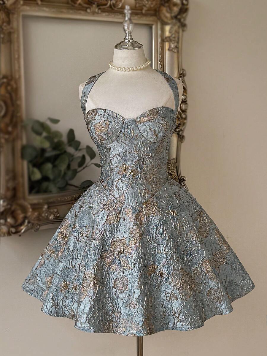 Lovelzi Elegant Light Blue Jacquard Fabric Strapless Backless A-Line Skirt Ball Gown, Fashionable Dress For Graduation,Wedding Event,Birthday Party - Blue - View 1