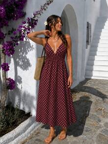 Cévolie Gaun Cami Tanpa Lengan Motif Polkadot Wanita dengan Hiasan Pita - Coffee Brown - View 3