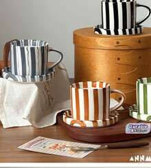Hand-Painted Ceramic Coffee Cup & Plate Set - Nordic Vertical Stripes Mug, Creative Line Pattern Tea Breakfast Cup. Gift Box Packaging, Perfect Birthday & Holiday Gift For Family & Friends. - Multicolor - View 1