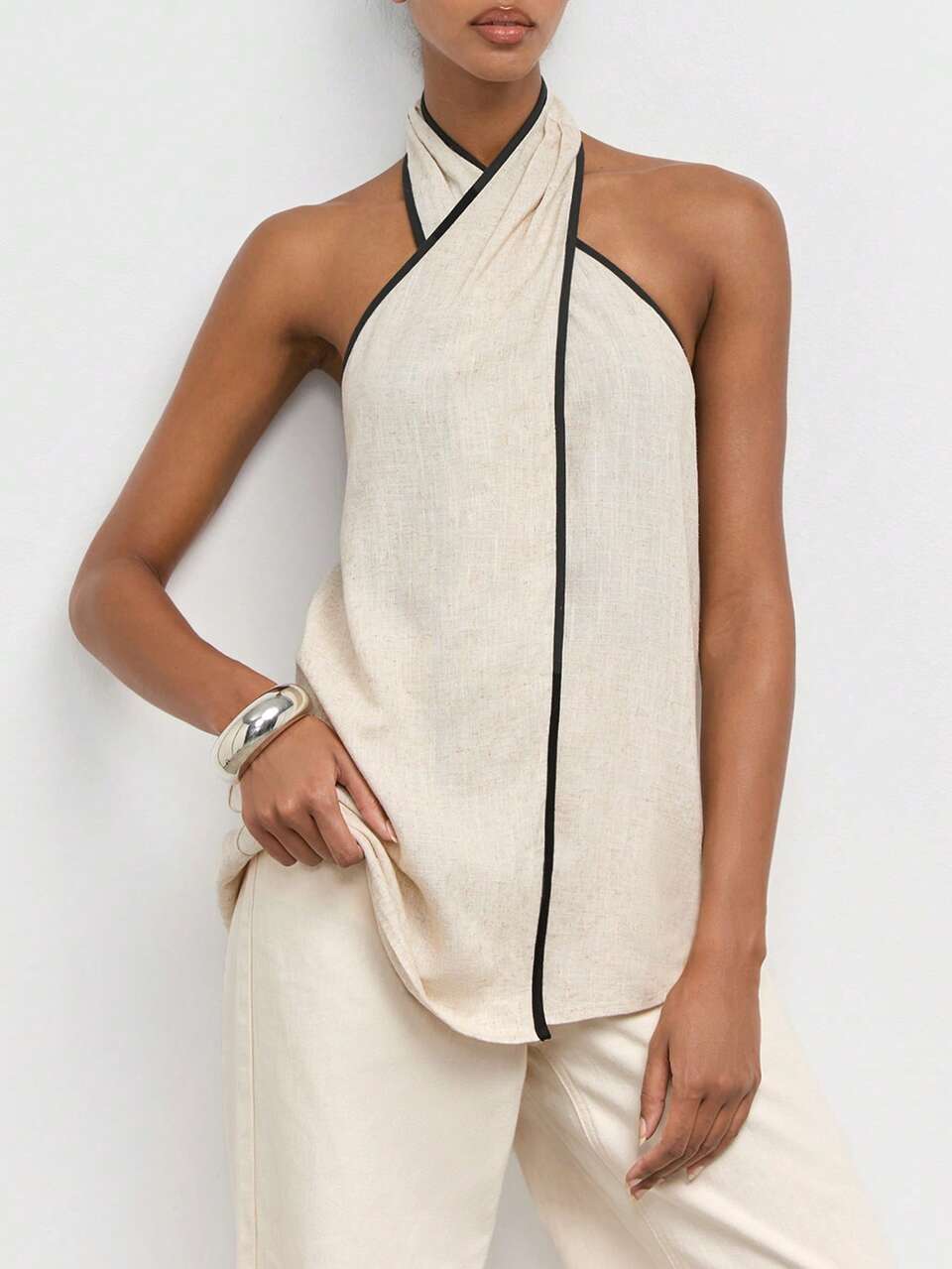 SHEIN Maija Beige Contrast Color Women's Vacation Criss-Cross Halter Neck Top Summer Everyday French Independence Day Autumn