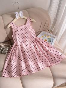 SHEIN Elladie kids 1件少女夏季新款露肩無袖背心上衣 波點印花 後背V領設計 隱形拉鍊 可拆卸大蝴蝶結 裙襬收褶 簡約百搭沙灘度假洋裝 - 粉色 - 查看 3