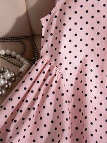 SHEIN Elladie kids 1件少女夏季新款露肩無袖背心上衣 波點印花 後背V領設計 隱形拉鍊 可拆卸大蝴蝶結 裙襬收褶 簡約百搭沙灘度假洋裝 - 粉色 - 查看 8