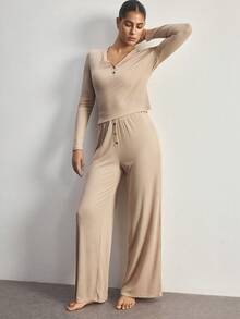 Ocili Women Solid Color Long Sleeve Top And Pants Pajama Set - Khaki - View 7