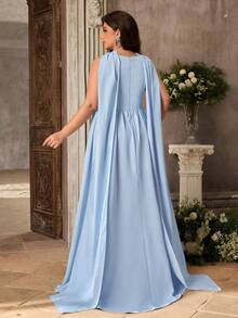 Aureia Vestido de noche elegante y romántico de talla grande, azul con lentejuelas, bordado, técnica de quemado, cuello redondo, sin mangas, cintura acampanada, bajo fruncido y holgado, adecuado para fiesta de noche, cita, baile, vacaciones, invitada de boda, vestido de gala con trabajo pesado - Celeste - Ver 9