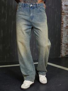 DAZY Long Washed Distressed Straight Fit Men's Jeans - Blue - View 4