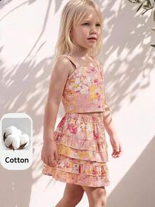 Maija Kids Maija Kids Conjunto de 2 piezas para niñas jóvenes, elegante y exquisito, casual de vacaciones, top camisola sin mangas con estampado floral pequeño rosa, ajustable, con dobladillo de volantes multicapa y falda corta estampada, adecuado para uso diario, regreso a la escuela, viajes, reuniones, fiestas festivas, primavera y verano - Rosa - Ver 4