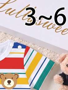 SHEIN Playful Pals 2pcs/Set Baju Bayi Laki-laki Motif Beruang Lucu & Garis-garis Leher Bulat Lengan Pendek + Celana Pendek Biru Tua, Cocok Untuk Beraktivitas di Musim Panas - MultiWarna - View 5