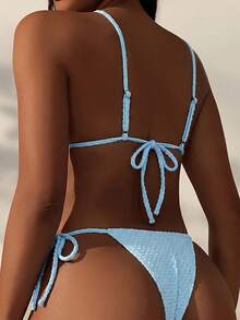 SHEIN Swim 女款夏季海灘素色細肩帶比基尼三角泳褲兩件式泳衣套裝 - 淺藍色 - 查看 2