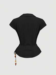 SHEIN MOD 女款素色百褶休閒百搭日常旅行襯衫 - 黑色 - 查看 4