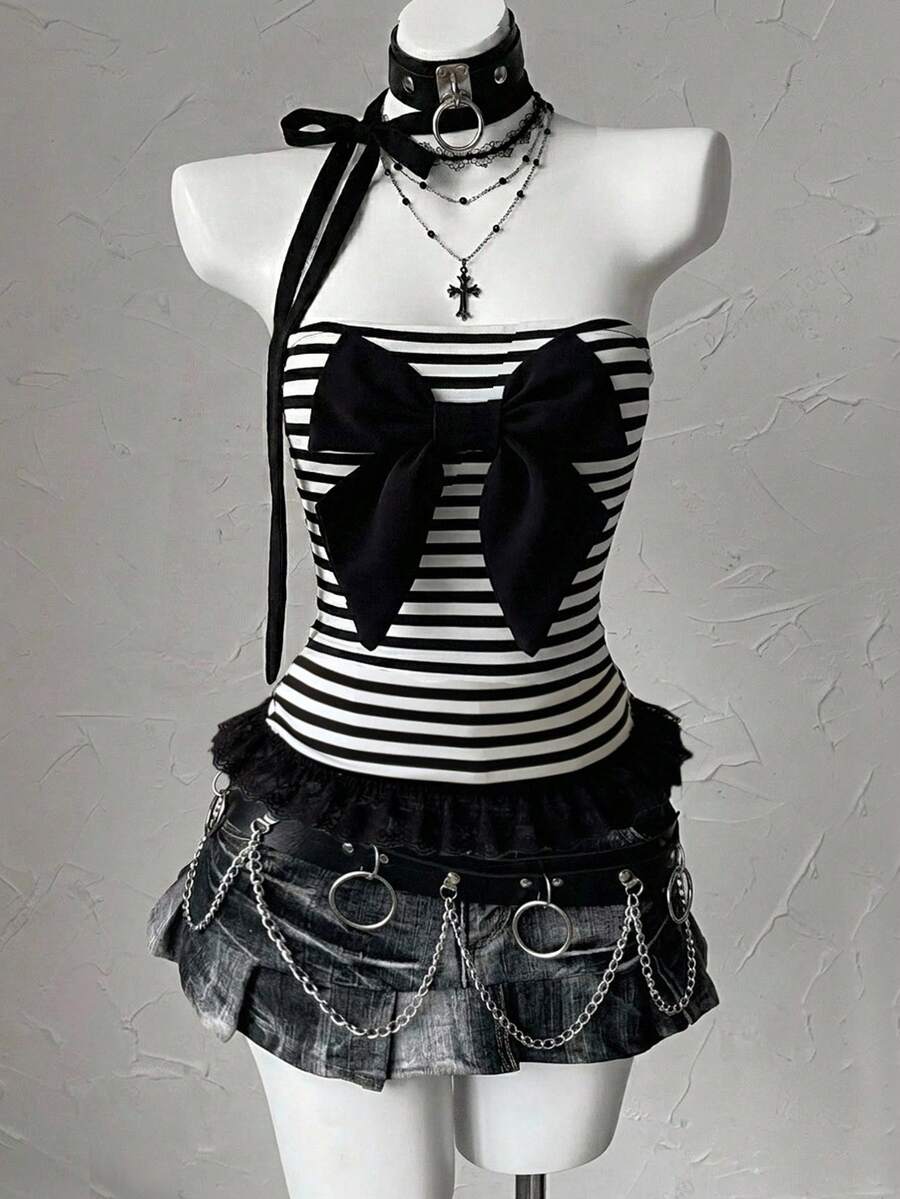 Attitoon Women's Bow Decor Striped Fashionable Bandeau Top - Black and White - View 1