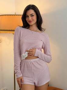 DAZY Women's Striped Lace Patchwork Long Sleeve Top And Shorts Casual Daily Homewear Set Pajamas - Red - View 7