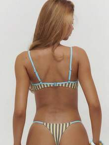 Musera Resort Bas de bikini rayés avec bordure en dentelle et détail de nœud, uniquement pour l'été, la plage, les vacances et le quotidien - Bleu azur - Voir 2